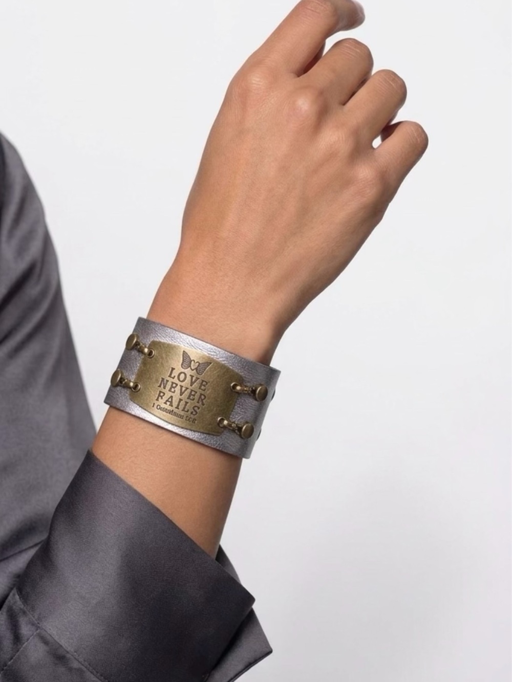Lenny And Eva Silver Leather Cuff Bracelet & Removable Plate Love Never Fails